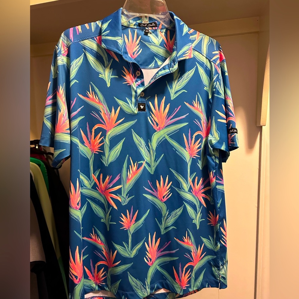 Bad Birdie Shirt Mens Large Short Sleeve Golf Polo Hawaiian Tropical Floral